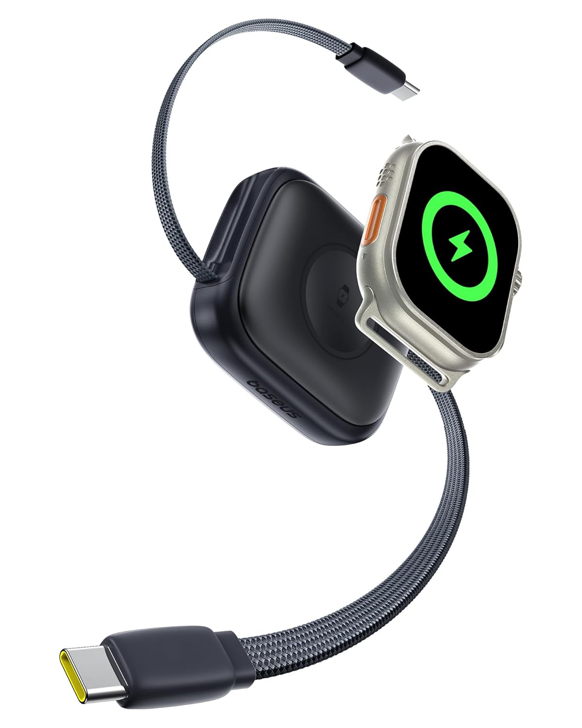 Baseus 100W Retractable Fast Charging Cable with Built-in Apple Watch Wireless Charger - Black