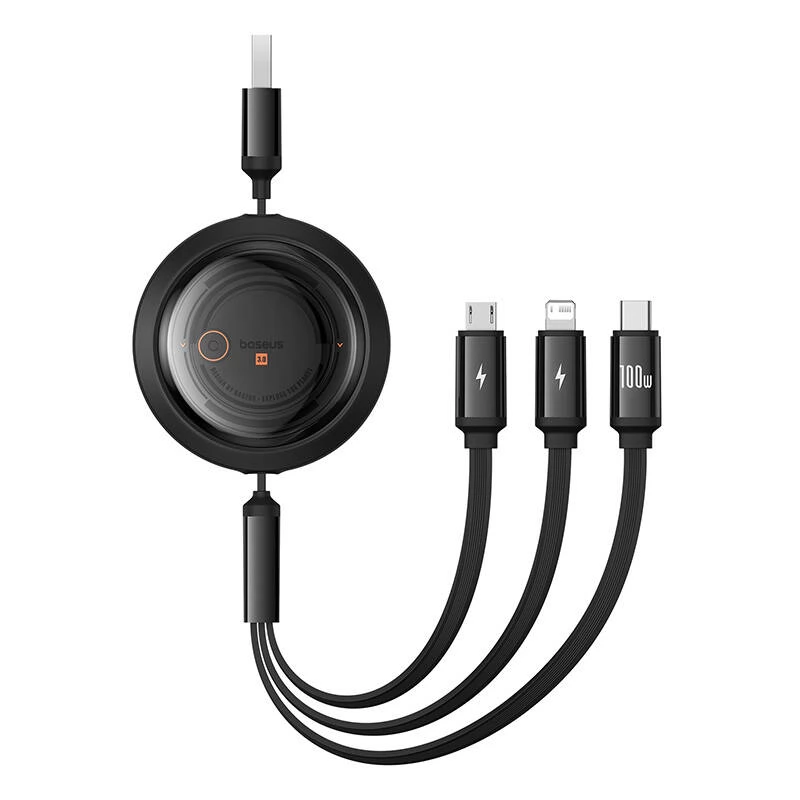 كابل بيسوس فري-تو-درو الكريستالي القابل للسحب 1.1 متر (USB-A إلى M+L+C) بقوة 100 واط – أسود