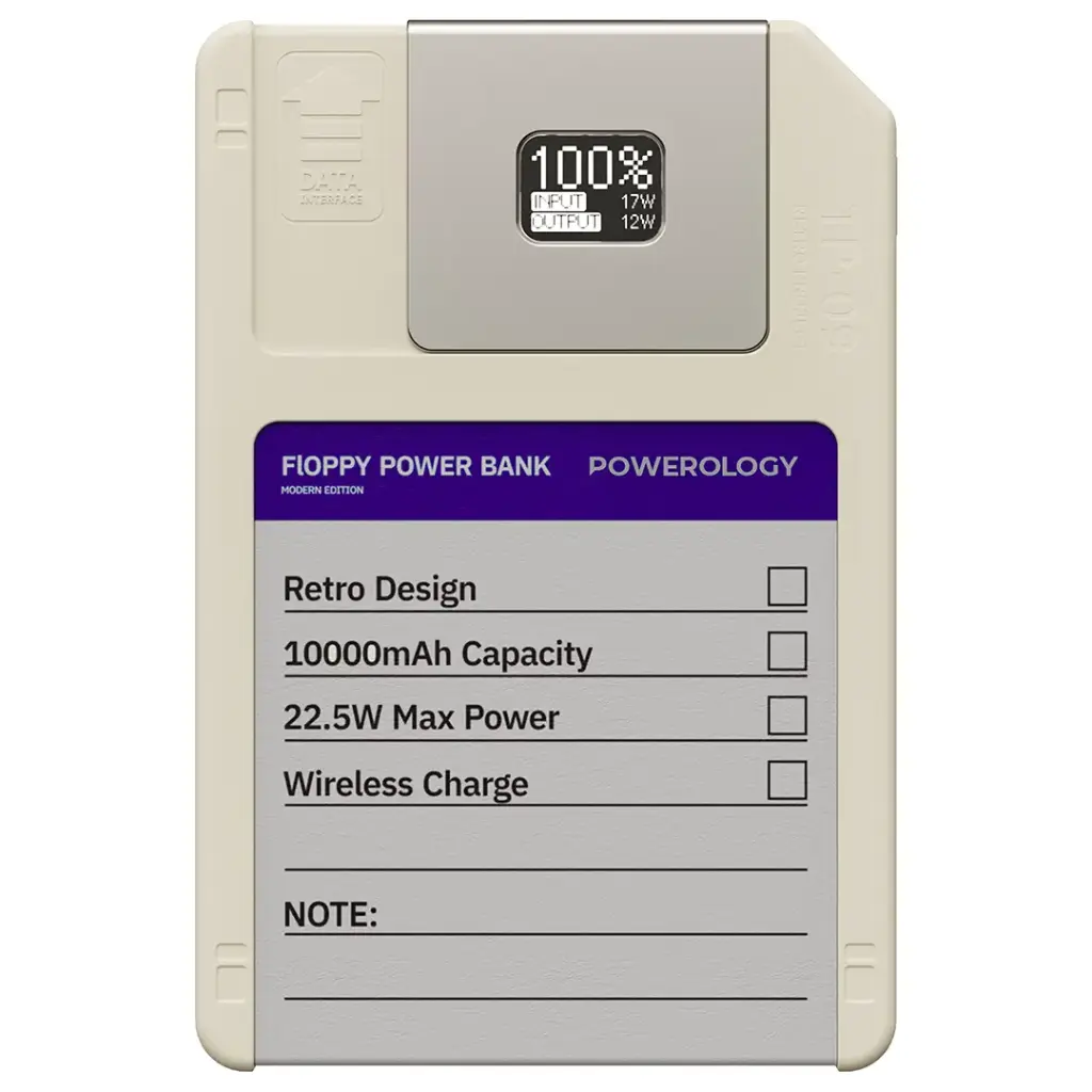 باور بانك فلوبي ديسك ريترو ماغ سيف 10000 مللي أمبير مع ذاكرة 64GB من Powerology - أبيض