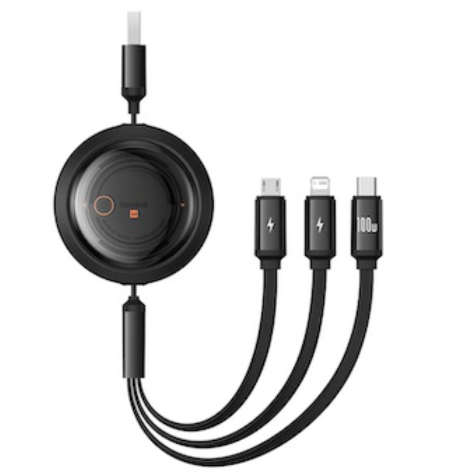 كابل بيسوس فري-تو-درو الكريستالي القابل للسحب 1.1 متر (USB-A إلى M+L+C) بقوة 100 واط – أسود