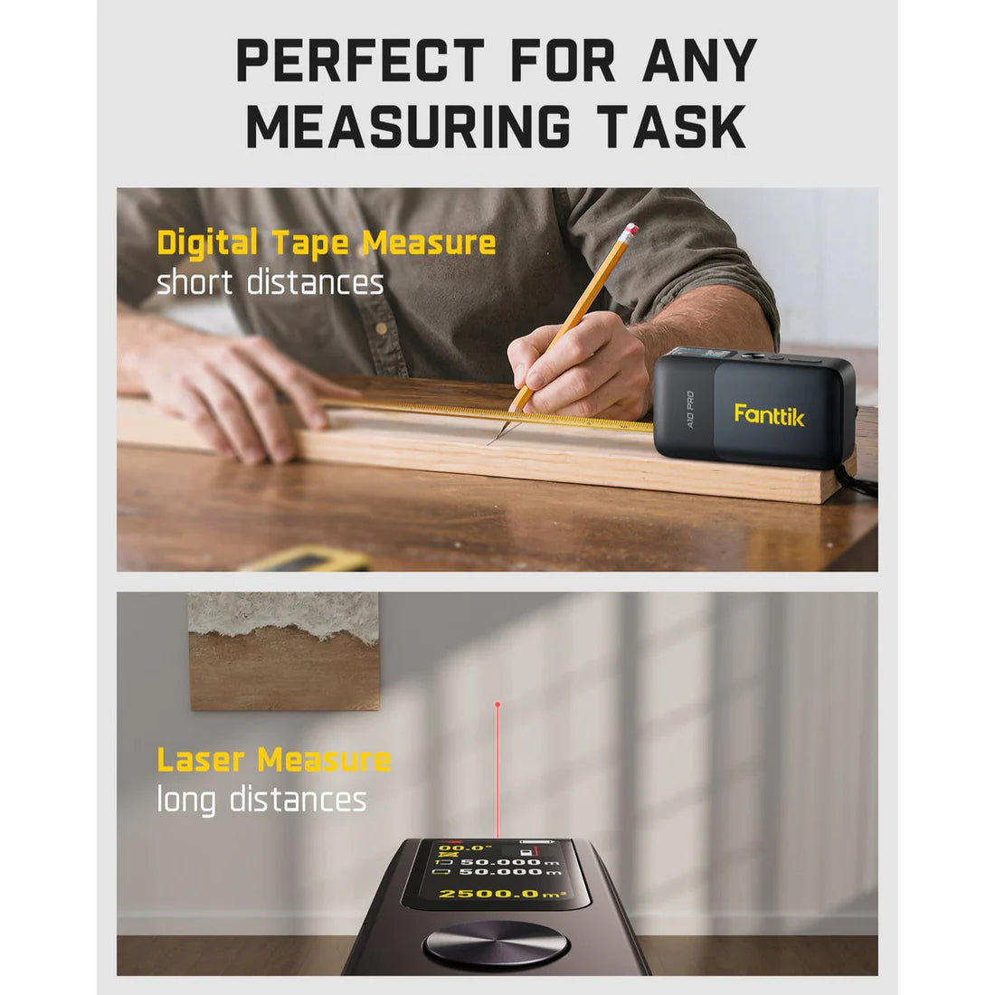 جهاز قياس Fanttik A10 Pro – متر ليزر + شريط قياس 2×1 بدقة عالية