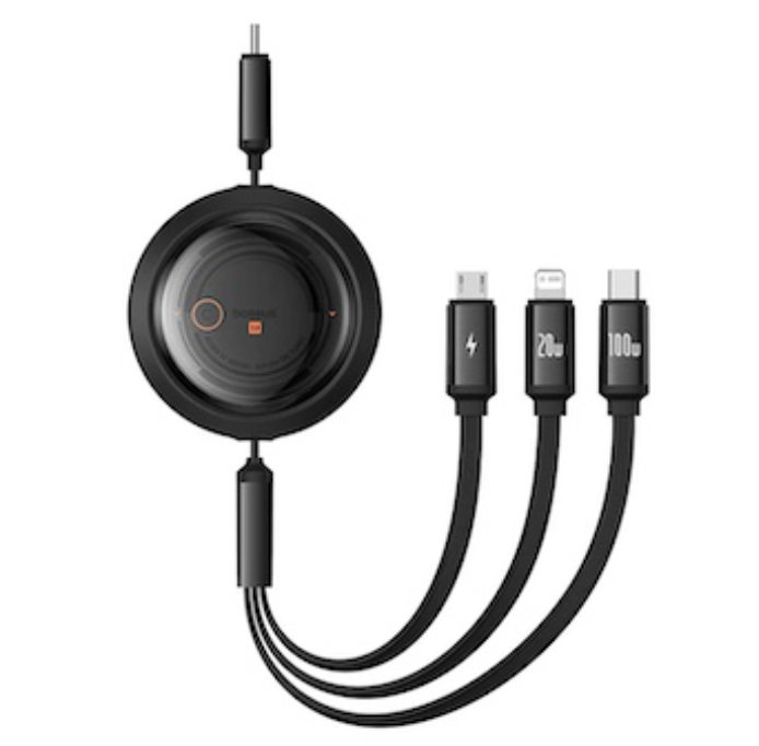 كابل بيسوس فري-تو-درو الكريستالي القابل للسحب 1.1 متر (USB-C إلى M+L+C) بقوة 100 واط – أسود