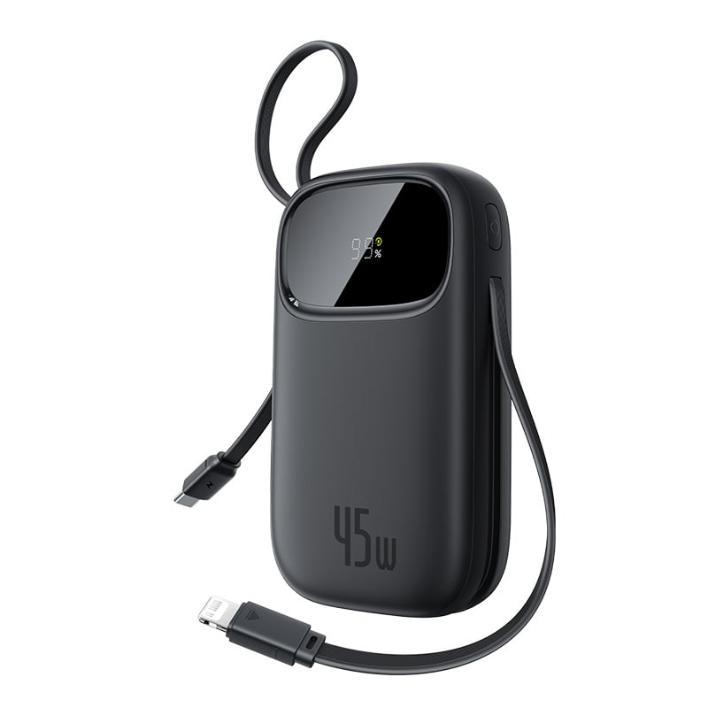 باور بانك بيسوس إنرفيل FC31 كيوباو 3 بسعة 10000 مللي أمبير 45 واط مع كابلات USB-C + Lightning – أسود