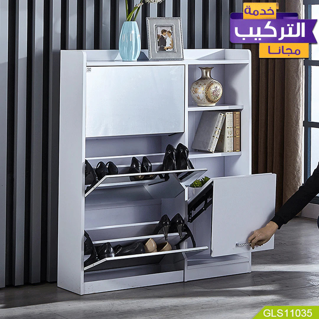 خزانة تخزين أحذية خشبية مع مرآة ومقعد قابل للطي