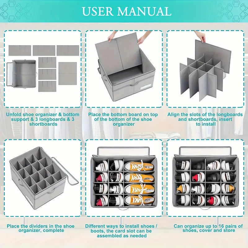 صندوق منظم أحذية بـ 16 زوجًا مع غطاء شفاف