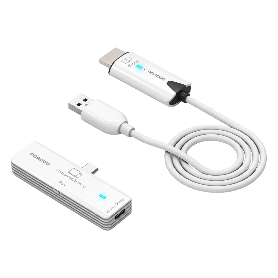 محوّل شاشة لاسلكي من USB-C إلى HDMI بدقة 1080p من Porodo Portana - أبيض